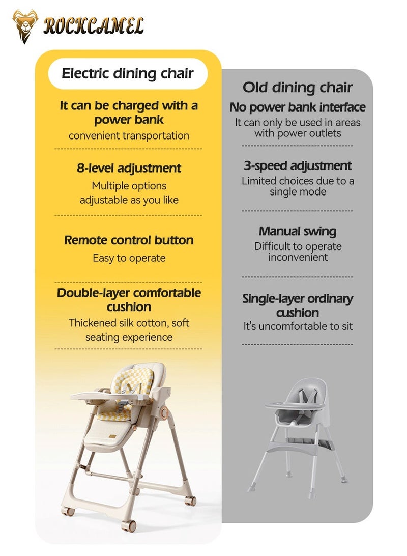 ROCKCAMEL 2-in-1 Electric Baby High Chair & Rocker with Remote Control, 8-Level Rocking Speed & Height Adjustment, Rechargeable Rocking Chair with Wheels, 3-Stage Timer & Music, Foldable Infant Feeding Chair (Khaki) - Image 2